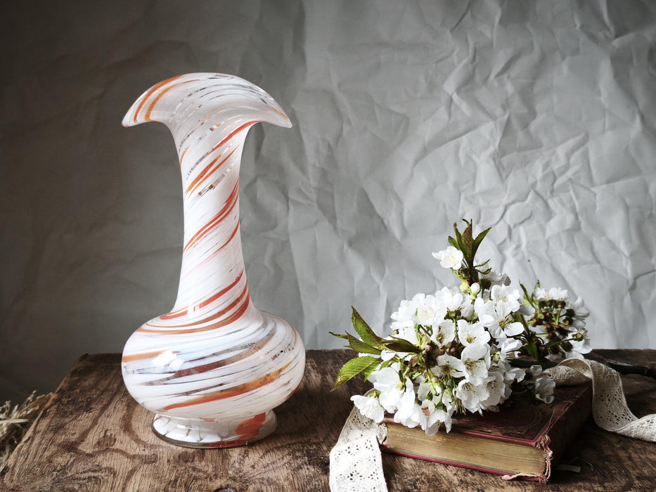 Murano Style Swirl Glass Vase, Hand Blown White Orange Mid Century Decor