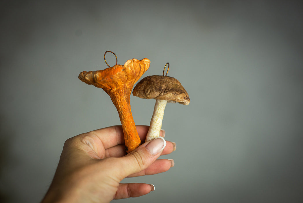 Mushroom spun cotton ornaments, Chanterelle mushroom, Xmas tree accents