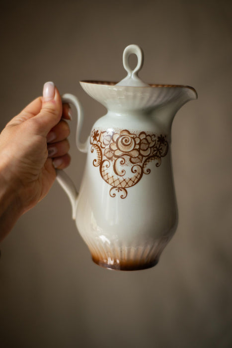 Vintage Porcelain Coffee Set, 1980s, Brown Baroque Pattern Tea Set, Full Coffee Service for 6