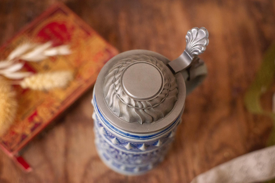 Vintage Bavarian Beer Stein Blue Ceramic German Mug with Pewter Lid