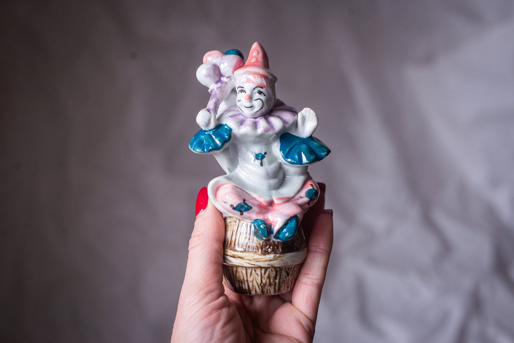 Vintage Porcelain Clown Figurine, German Barrel Italian Harlequin