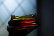 A hand holding a glass filled with a colorful liquid, possibly a cocktail or a drink, against a dark background.