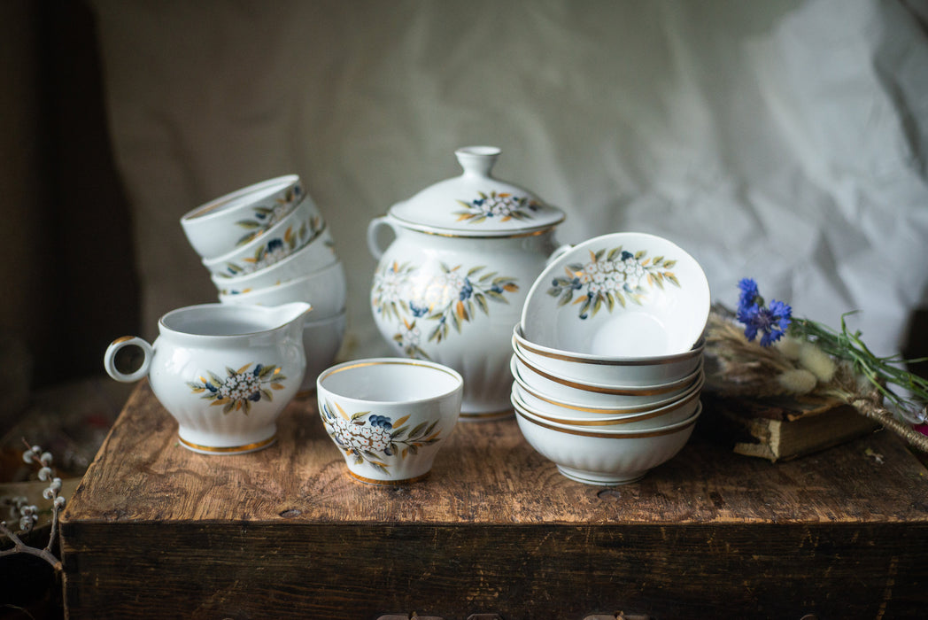 Vintage Floral Porcelain Dinner Set, Rustic Soup Tureen and Bowls Tableware