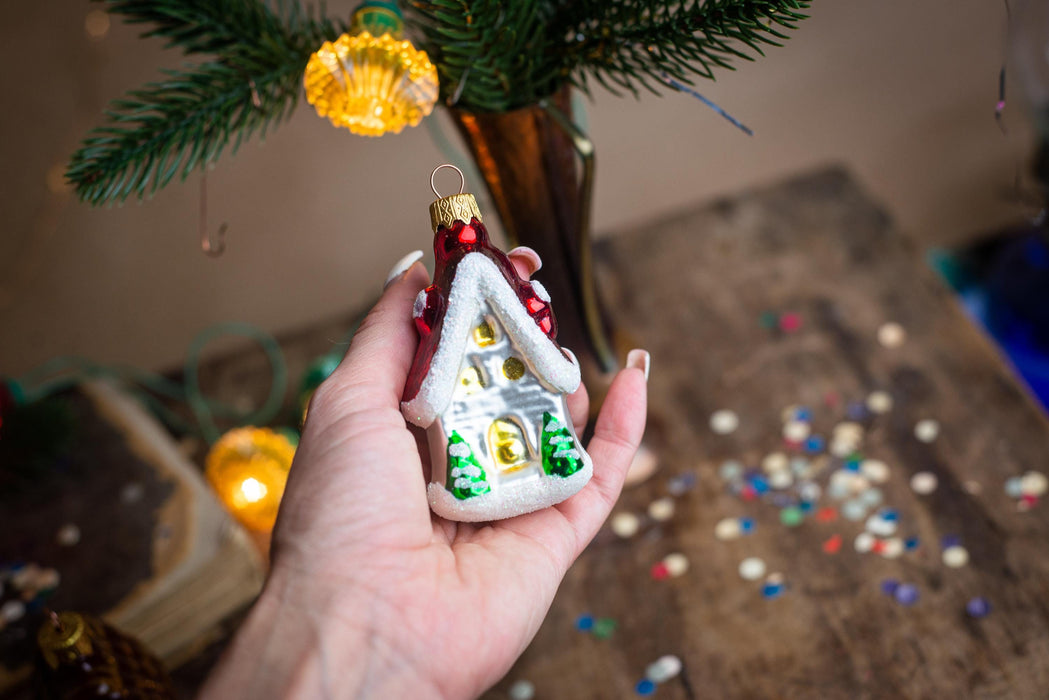 Vintage Gingerbread House Glass Ornament, Hand Painted