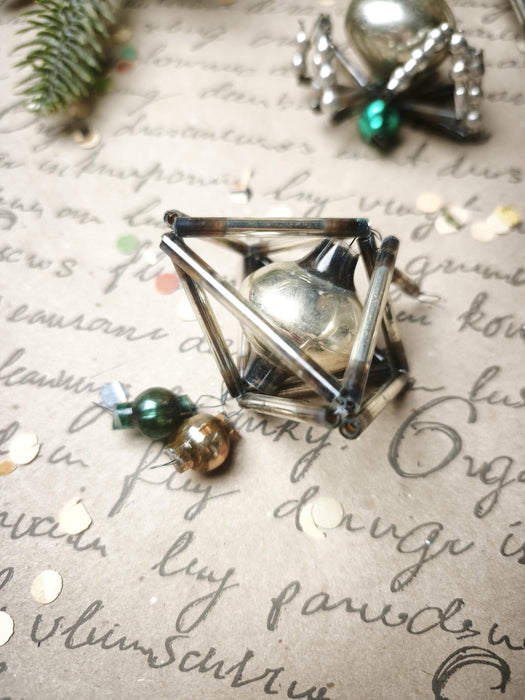 Vintage Glass Christmas Ornaments, Silver Green Montage Set, 7 Pc