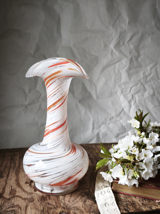 Murano Style Swirl Glass Vase, Hand Blown White Orange Mid Century Decor