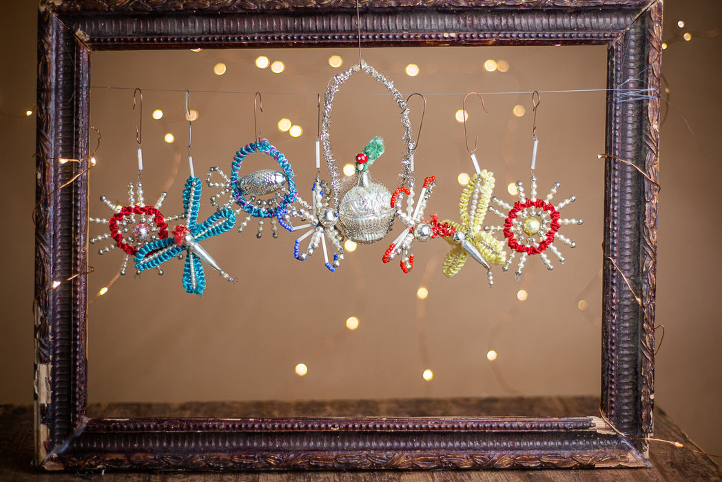 Antique German Chenille Christmas Ornaments, 1930s Mercury Glass Set of 7