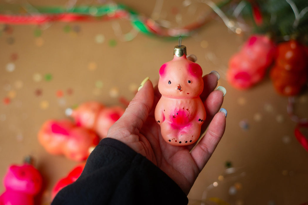 Vintage Pink & Orange Glass Bear Christmas Ornament