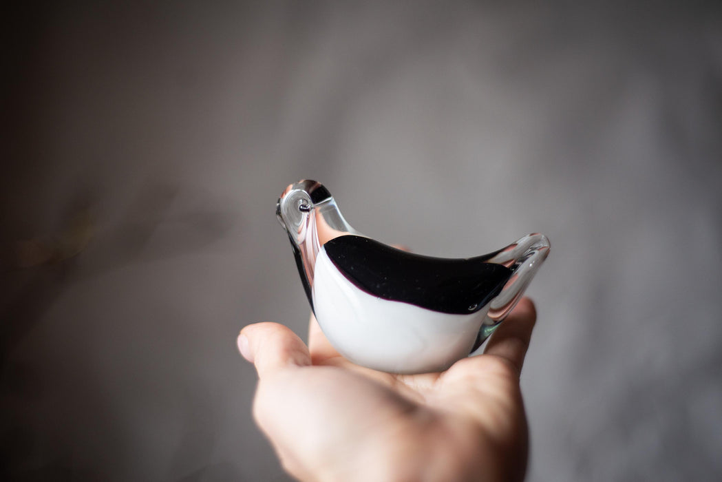 Murano Glass Bird - Hand-Blown Black & White Figurine | Vintage Collectible Art