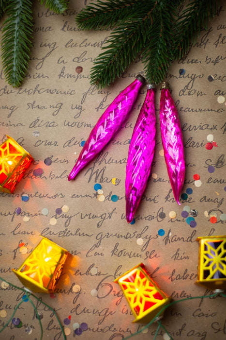 Vintage Christmas Ornaments – 1950s Pink Gold Silver Glass Icicles