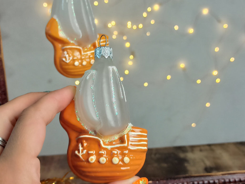 Glass Ship Christmas Ornament with Frosted Sails