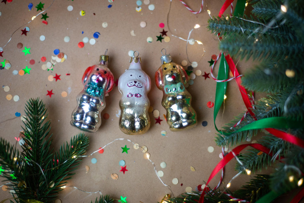 Vintage Glass Dog Ornament with Bowtie, Mid Century
