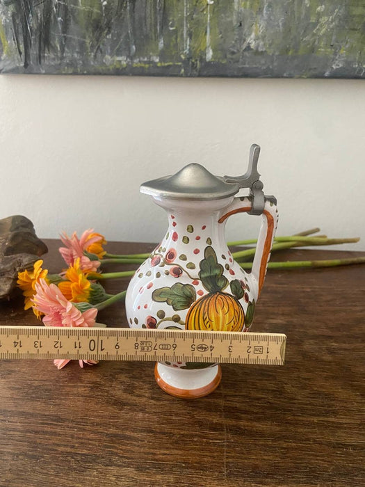 Flower Ceramic wine jug with metal lid, vintage carafe, 1970s German pitcher