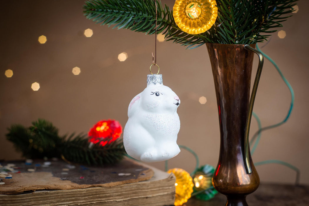 Glass rabbit ornament, Christmas ornament, white rabbit Xmas tree decoration, woodland rustic Christmas decor