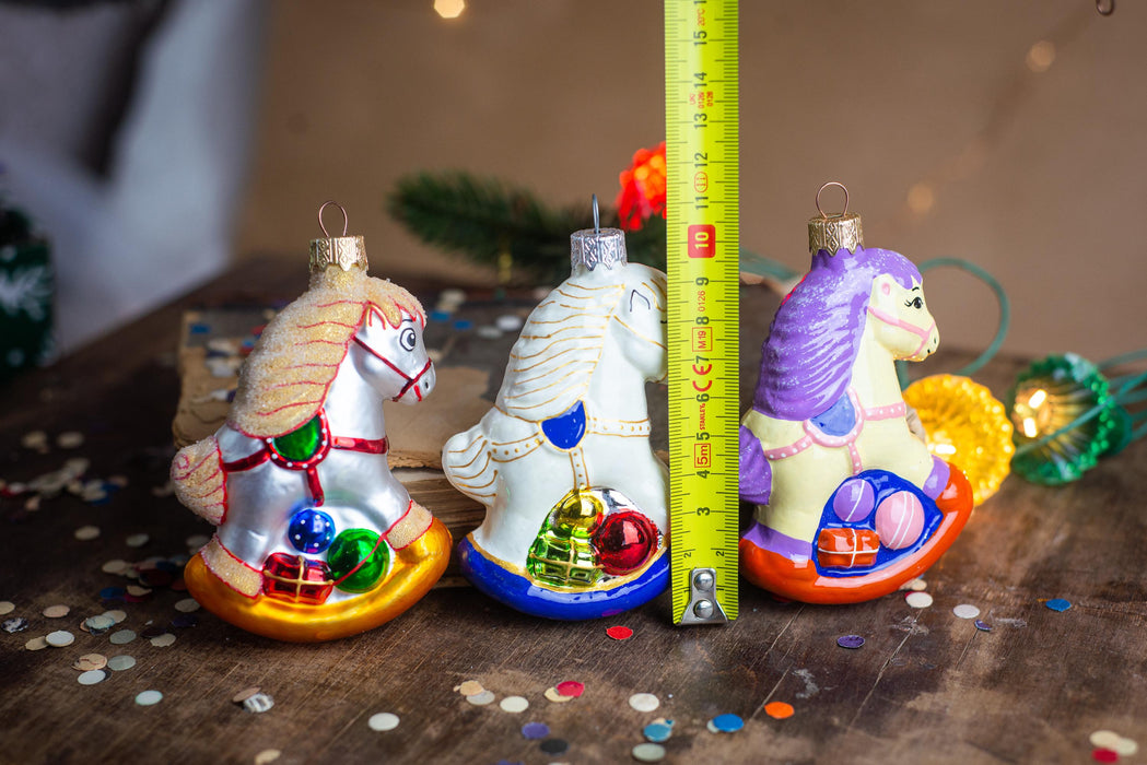 Glass Rocking Horse Ornament, Hand-Painted 3.94in Retro Carousel Decor