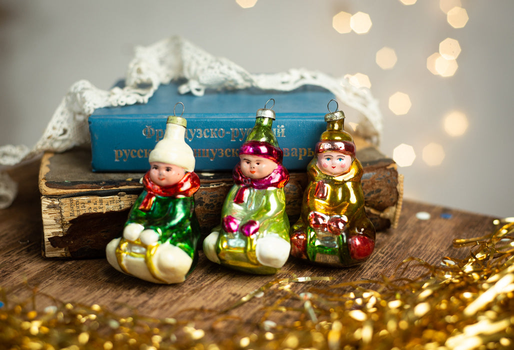 Vintage Sledding Boy Glass Ornament, Retro Christmas Tree