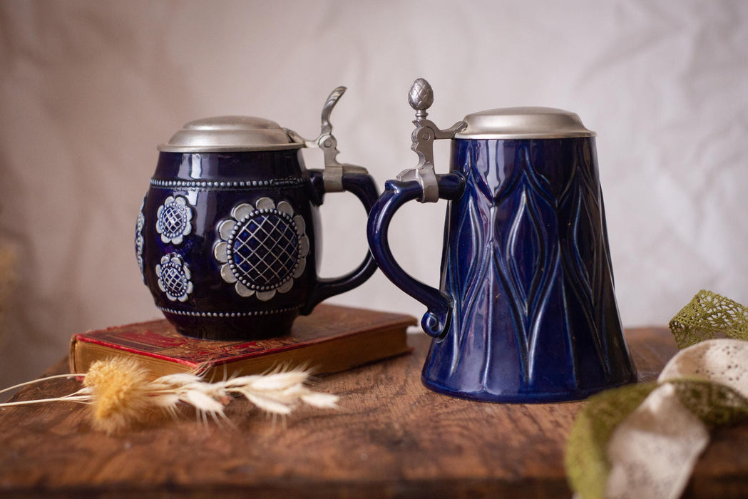 Vintage Cobalt Blue Beer Stein Bavarian Ceramic Mug with Lid