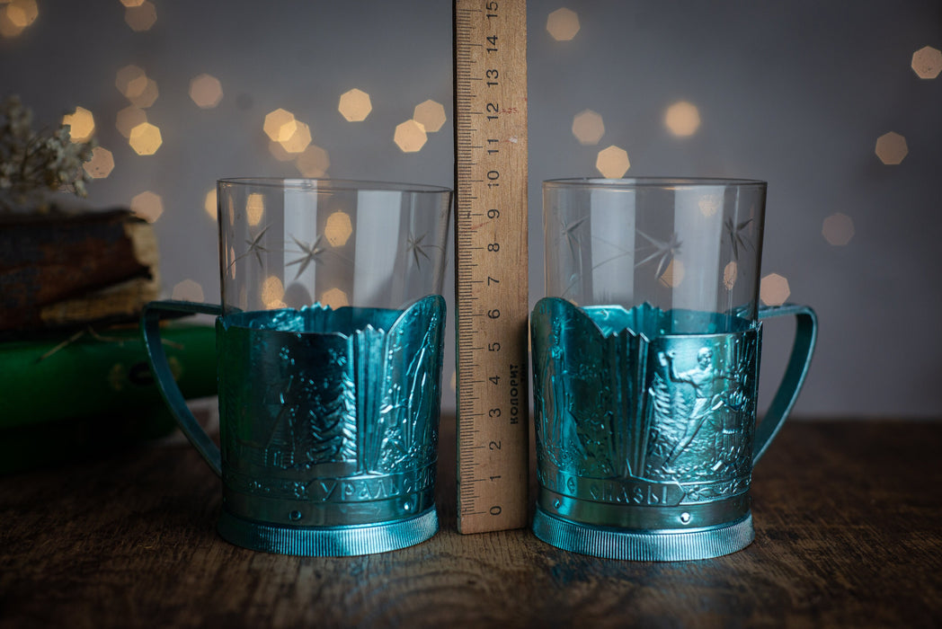 Vintage Podstakannik Holders' Pair 1970s Metal Tea Glass Holders.
