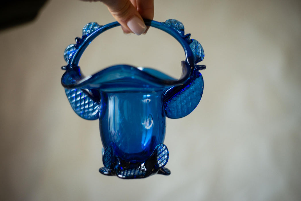 Cobalt Blue Glass Basket, Vintage Murano-Style Candy Dish