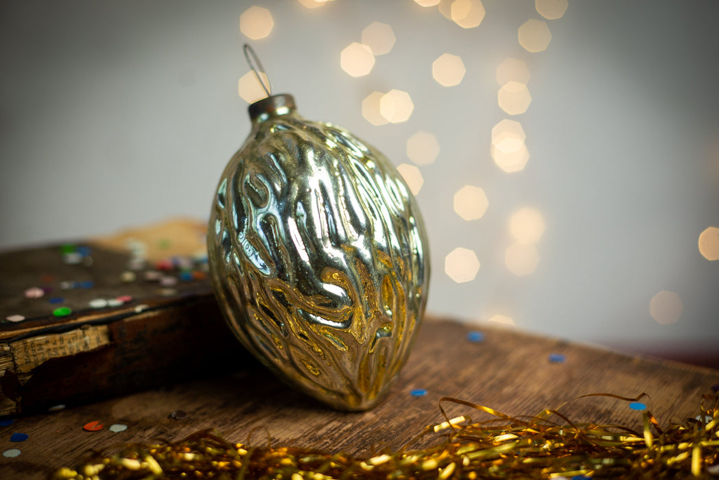 Large Vintage Glass Walnut Ornament, Gold Christmas Tree