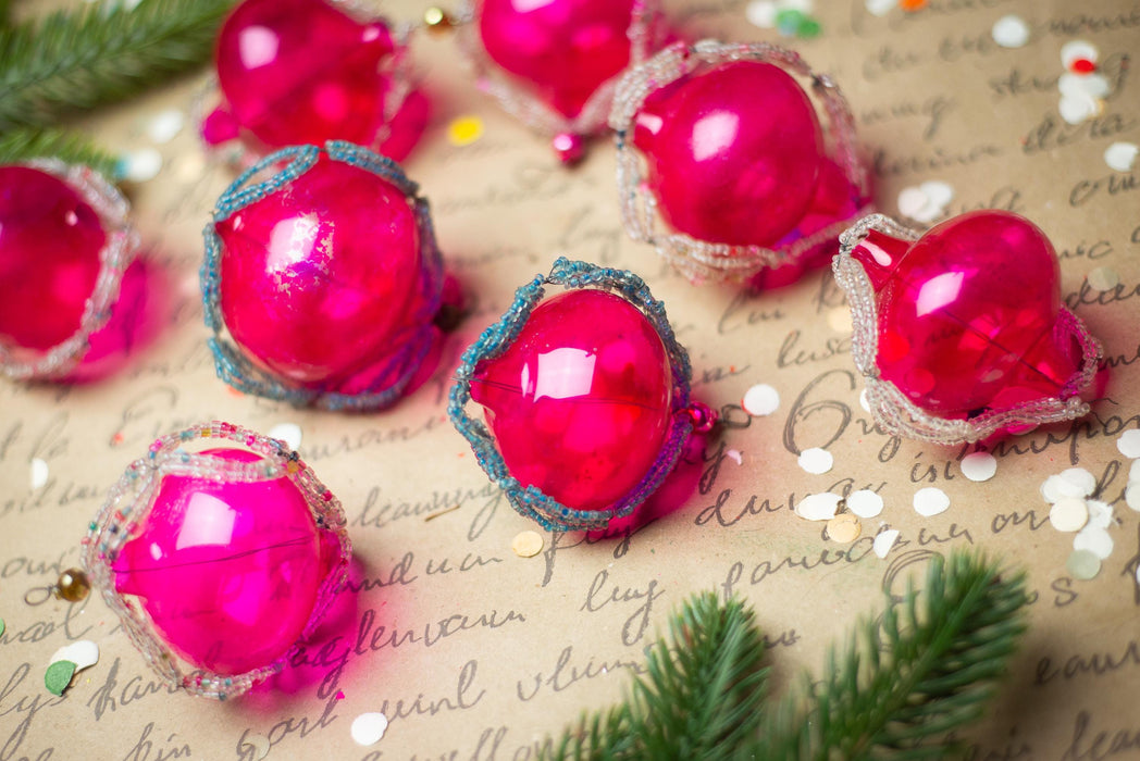 Vintage Pink Beaded Glass Ornaments – Set of 8