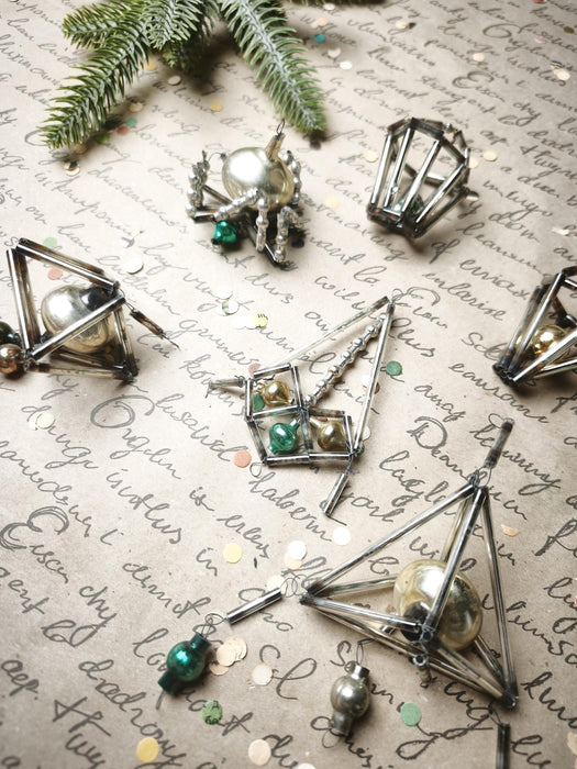 Vintage Glass Christmas Ornaments, Silver Green Montage Set, 7 Pc
