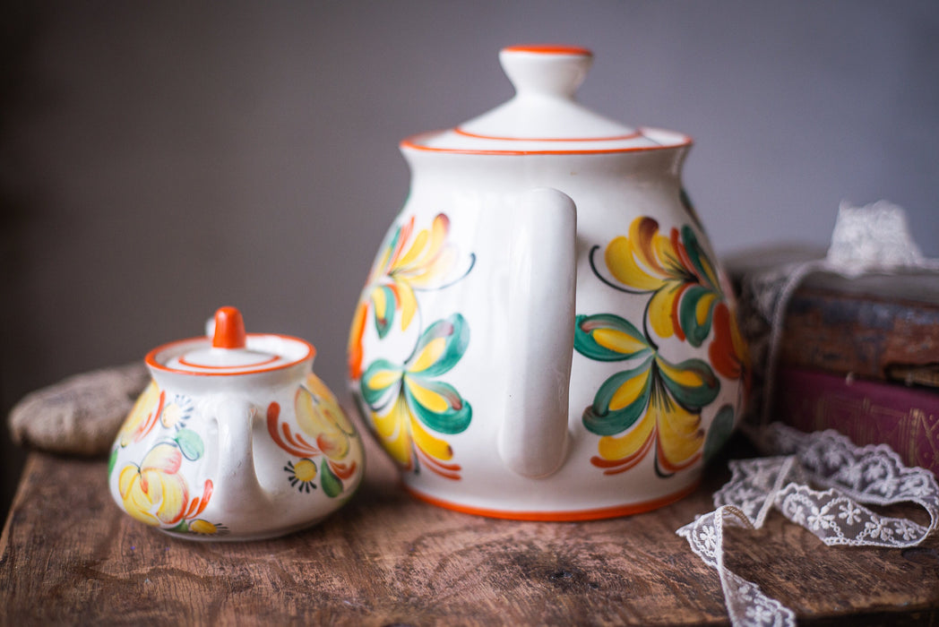 Vintage Ceramic Teapot Set with Petrikivka Flowers, Hand Painted Folk Art Tea Duo