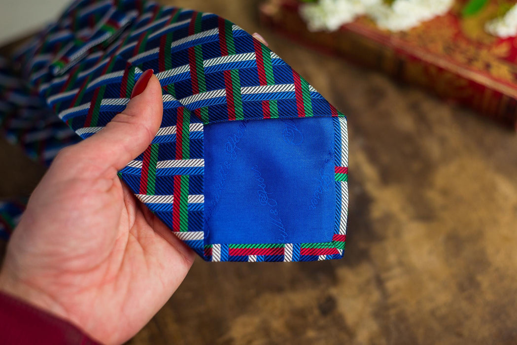 Vintage Designer Silk Neckties, Geometric Blue Red Tie Collection, Wedding Necktie