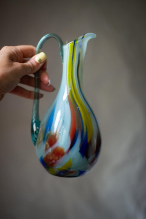 Green Murano Style Glass Pitcher – Vintage Art Jug, MCM Breakfast Table Serving Carafe, Water or Wine Jug