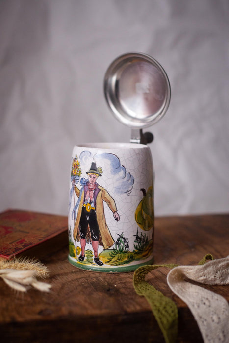 Vintage German Beer Stein Hunter Scene Ceramic Mug with Pewter Lid Bavarian Tankard
