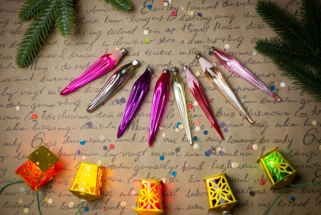 Vintage 1950s Glass Icicle Ornaments – Pink, Silver & Gold