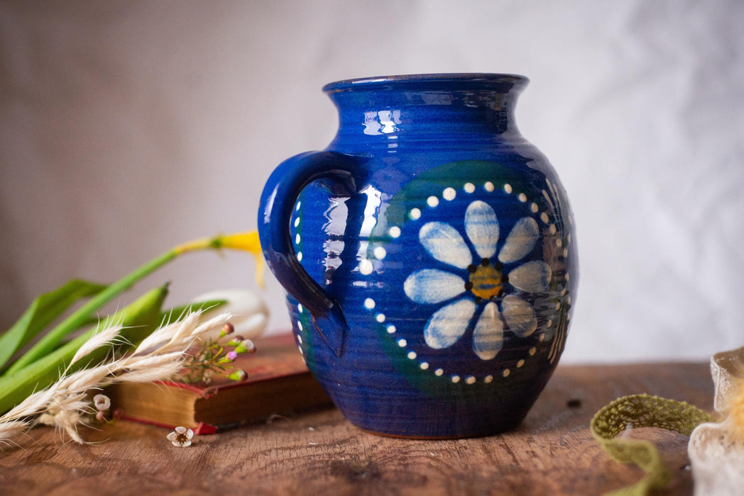 Blue Ceramic Pitcher with Daisies – Rustic German Farmhouse Jug