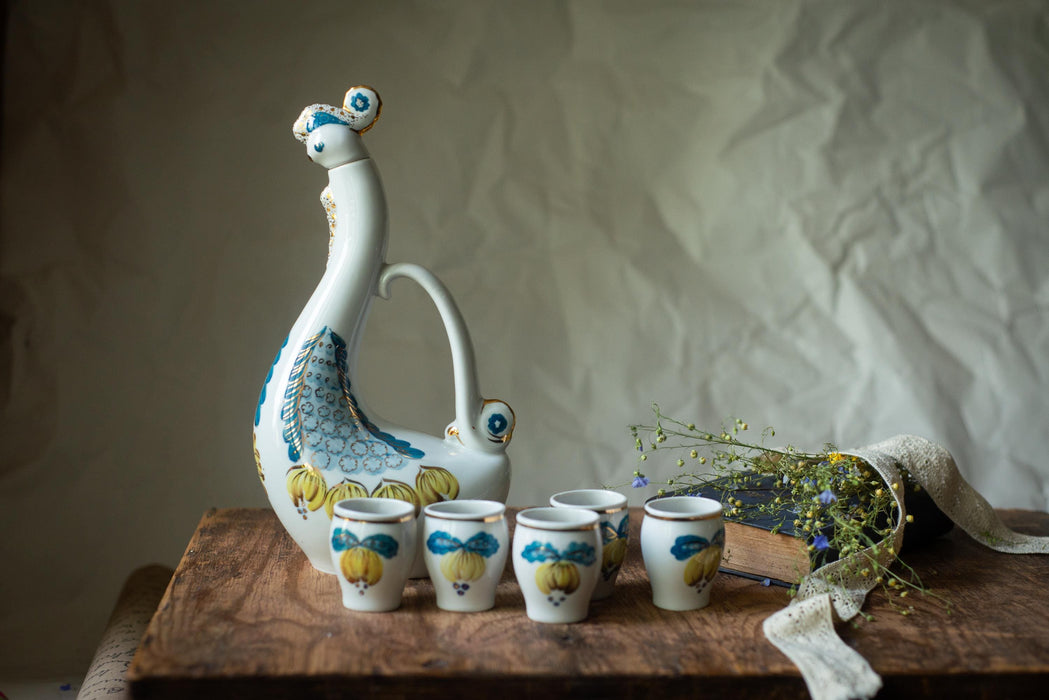Vintage Ceramic Rooster Decanter Set, Rustic Barware, Folk Style Drink Set