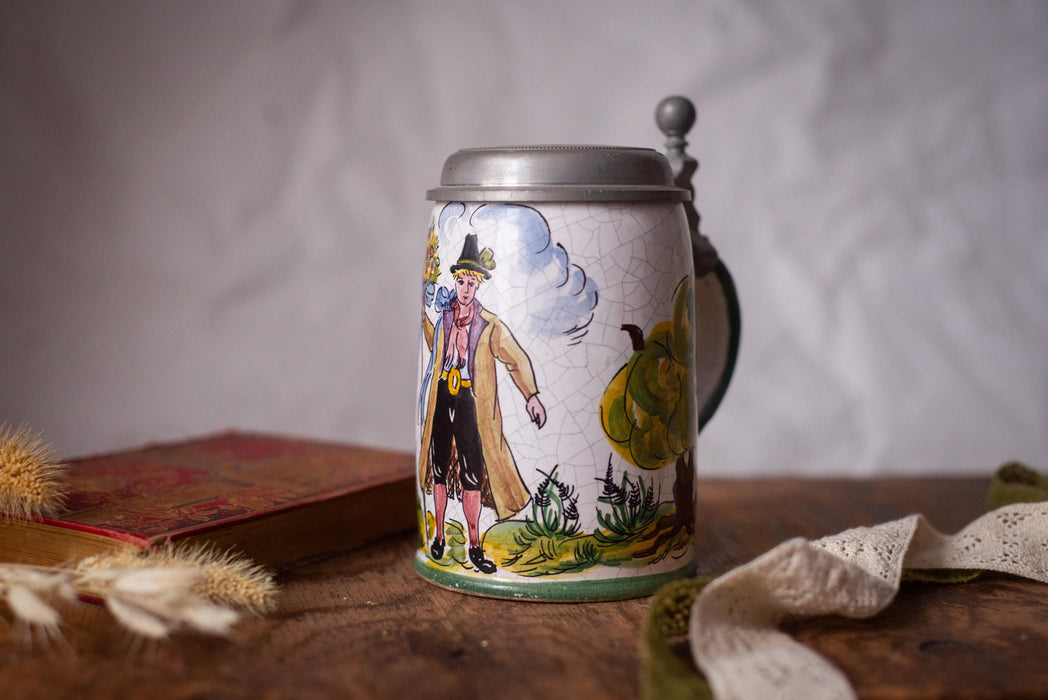 Vintage German Beer Stein Hunter Scene Ceramic Mug with Pewter Lid Bavarian Tankard