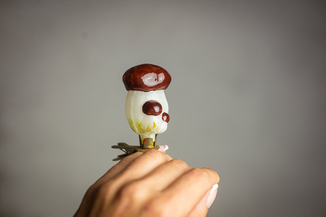 Vintage Glass Mushroom Clip On Ornament, 1950s Woodland