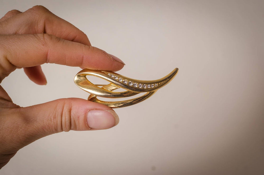 Vintage heart shaped brooch, Gold-tone collar pin, Rhinestone brooch, Retro statement brooch, Antique shawl pins,