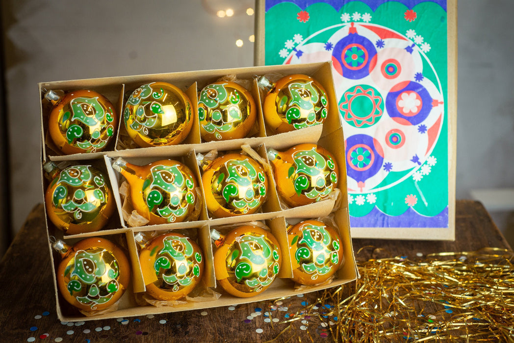 Vintage Glass Christmas Ornaments Gold Green Hand-Painted Box Set