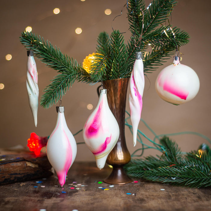 Vintage Pink and White Glass Christmas Ornaments, Set of 5 Bohemian Icicle Baubles