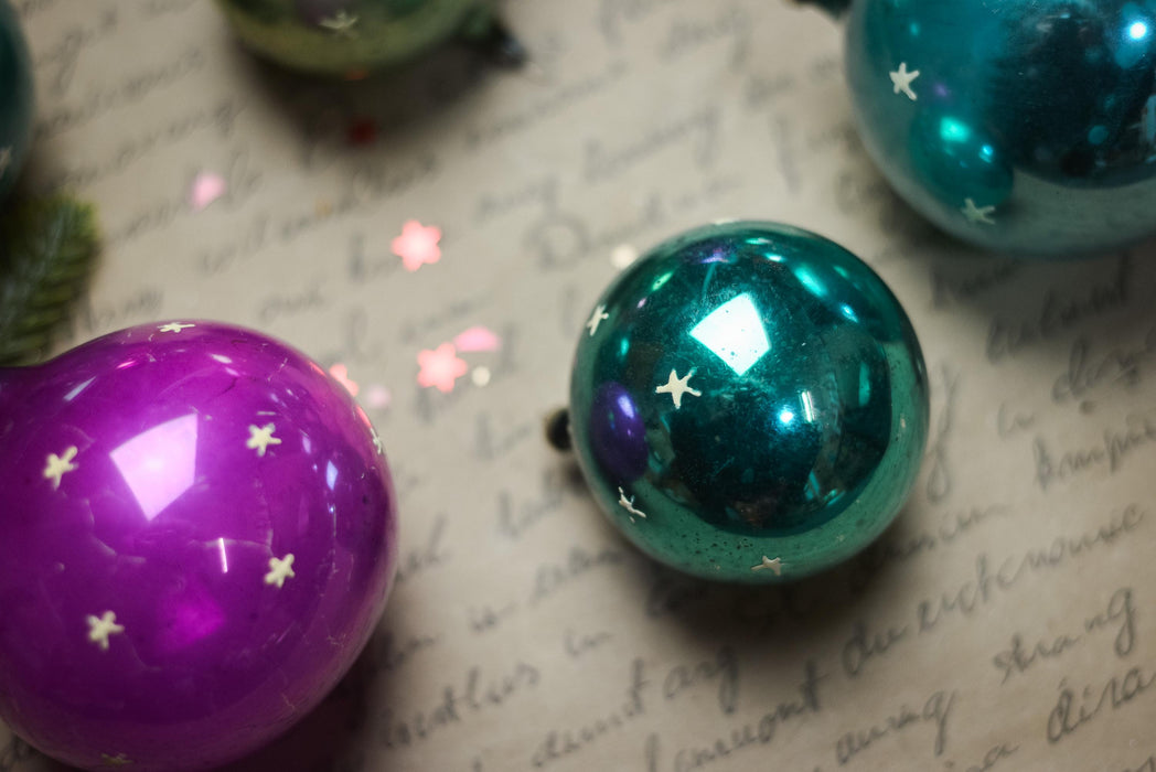 Vintage Glass Christmas Ornaments Set, Glow in Dark Stars, 1970s Teal Pink Balls