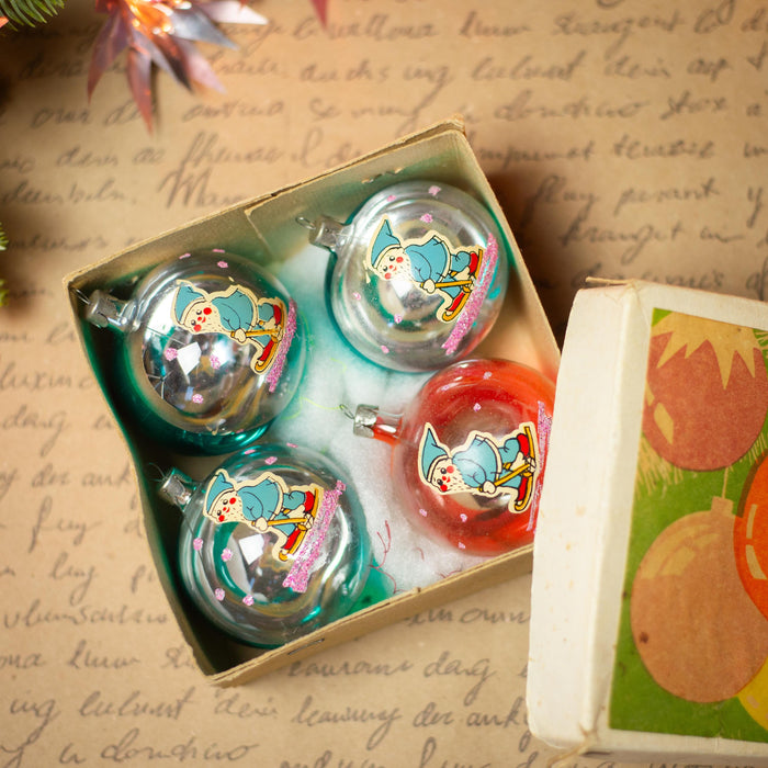 Vintage Christmas Ornaments with Gnome Elves – Set of 4 in Original Box