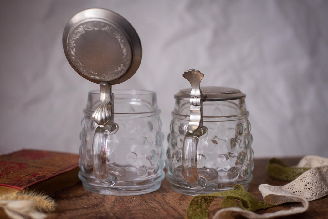 Vintage German Glass Beer Stein with Metal Lid Classic Barware Tankard