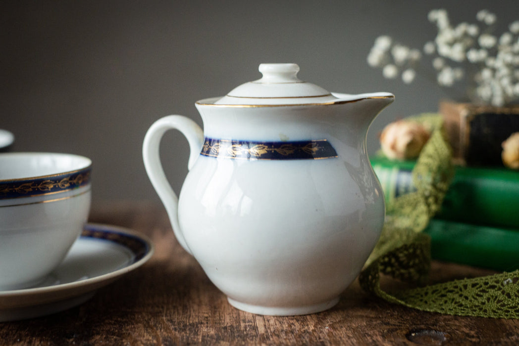 Vintage Porcelain Tea Set with Cobalt Band, 1960s Soviet China Tea for One