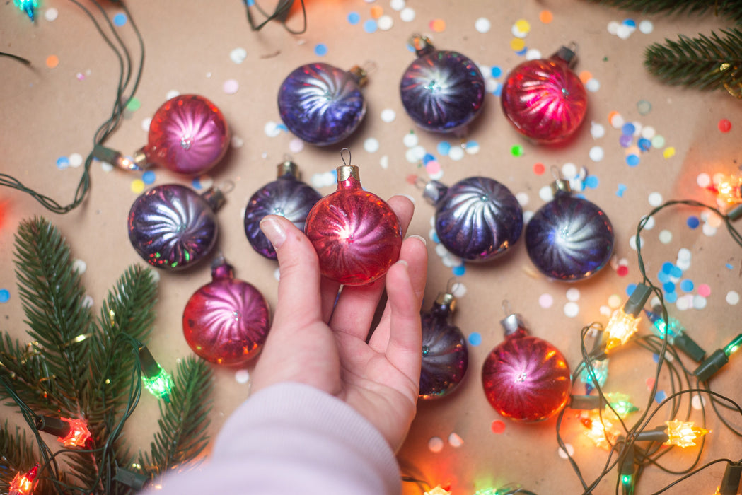 Vintage Glass Christmas Ornaments, Purple Red Baubles