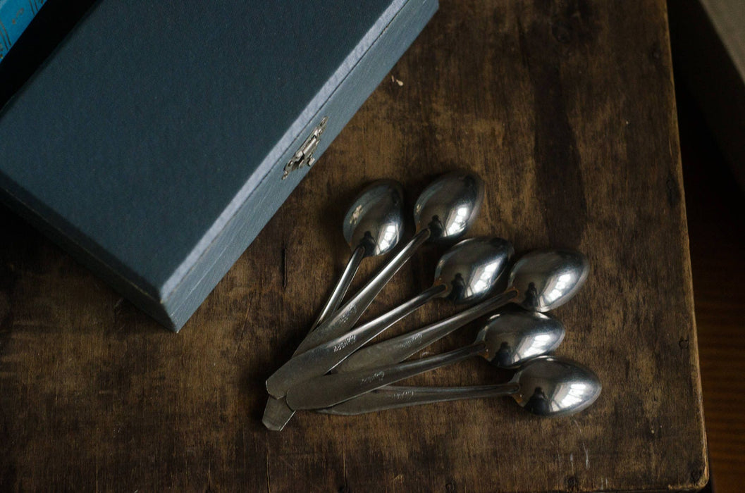 vintage tea spoon set, Silver Tone Dessert Spoons in Original Box