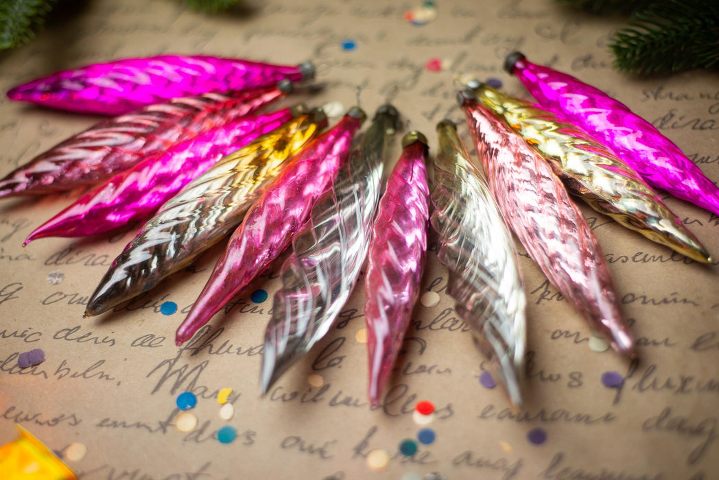 Vintage Christmas Ornaments – 1950s Pink Gold Silver Glass Icicles