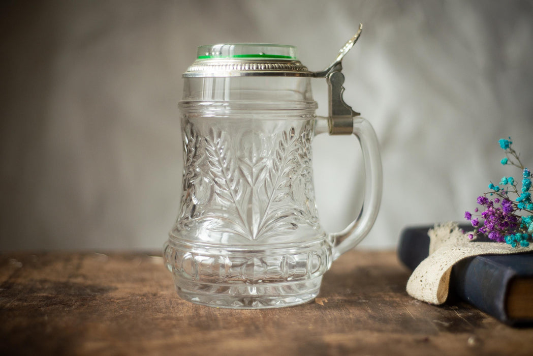 Vintage Glass Beer Mug with Game Lid, German Stein Tankard Barware