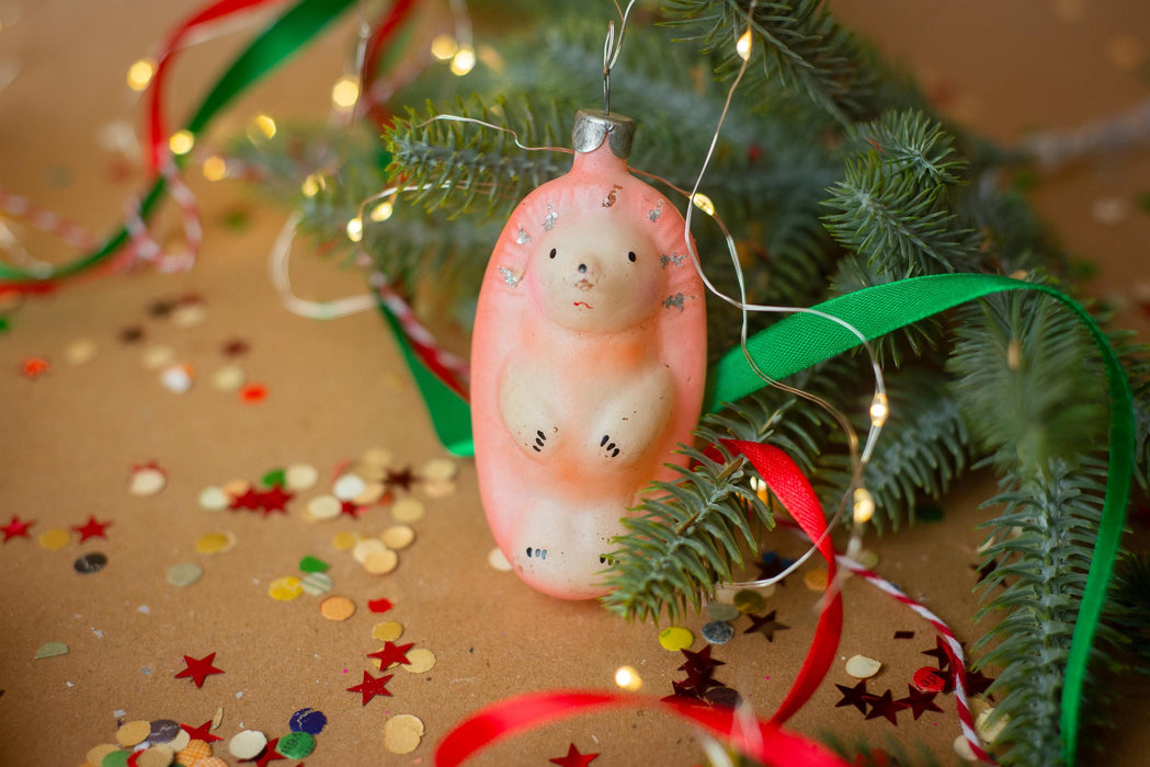Vintage Glass Hedgehog Christmas Ornament, Hand Painted