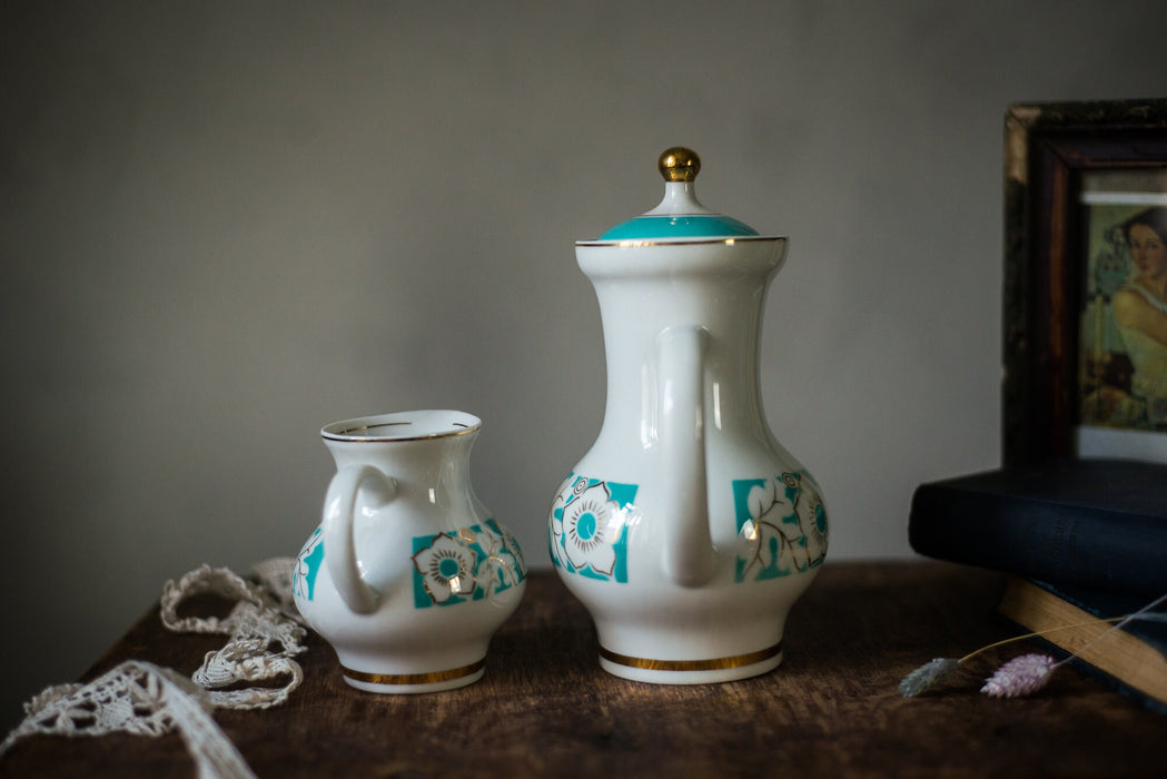 Vintage Porcelain Teapot and Creamer Set, Turquoise Floral USSR Tableware