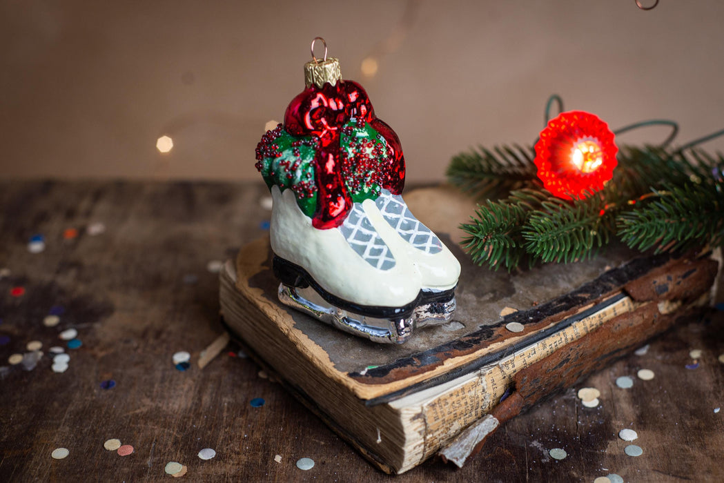 Vintage Glass Ice Skates Ornament, Hand Painted Winter