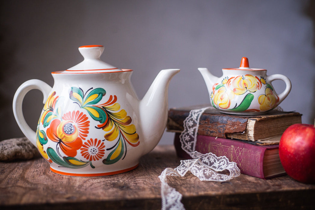 Vintage Ceramic Teapot Set with Petrikivka Flowers, Hand Painted Folk Art Tea Duo